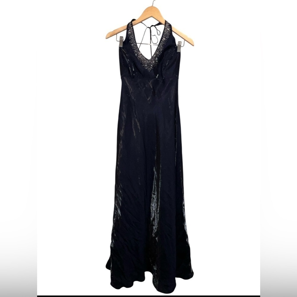 Vintage Blondie Nites Y2K Prom Dress Navy Blue Rhinestone Halter Corset Maxi 13